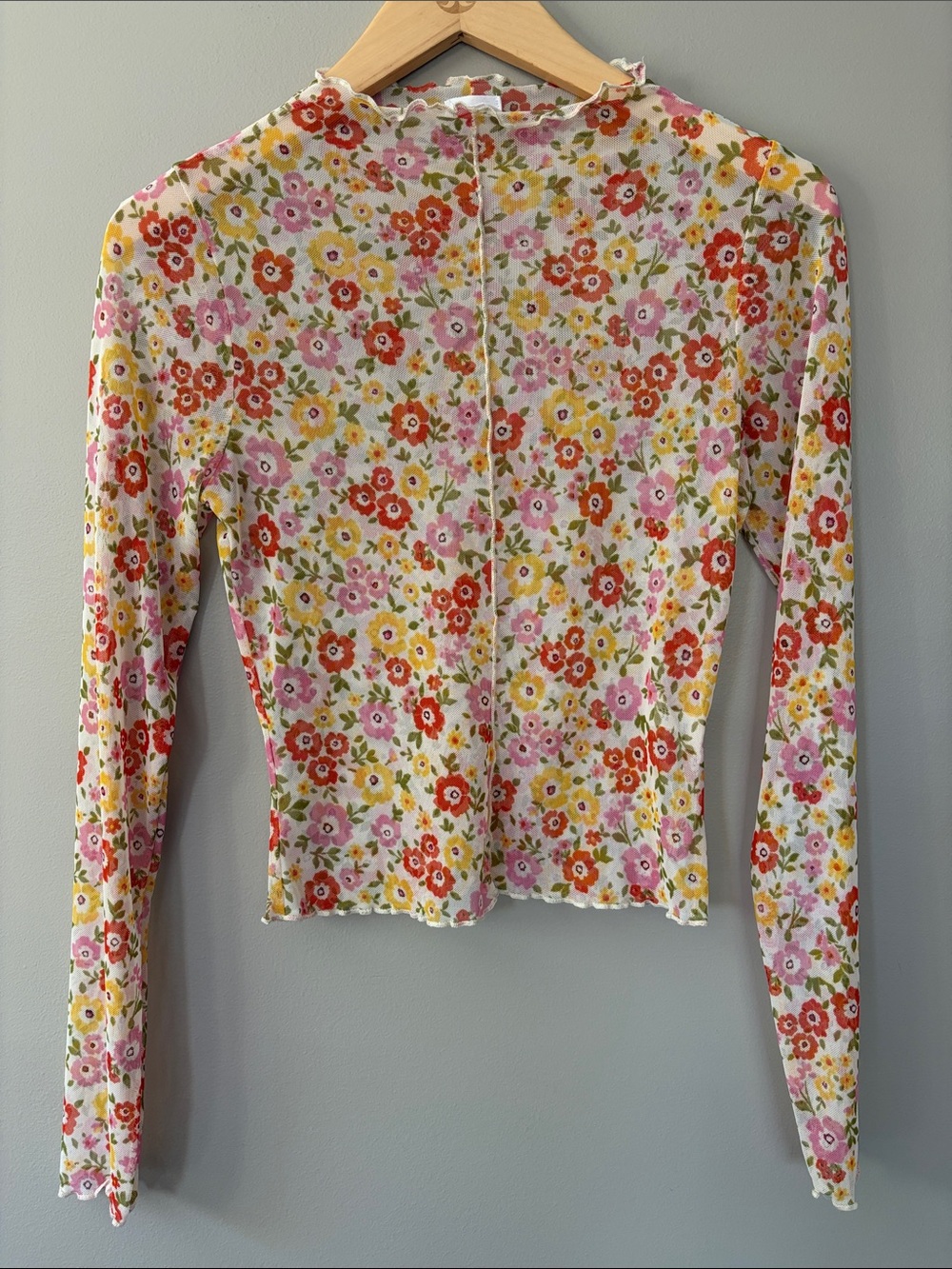 Le Lis Retro Floral‎ Mesh Long Sleeve Lettuce Trim Top Size Small Y2K 70s 90s